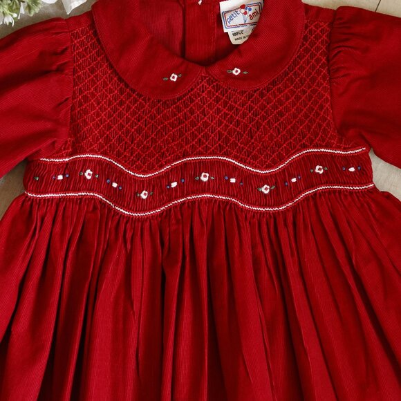Red 100% Corduroy Smocked Dress Traditional Size 6/9 Months Boutique NWT - Picture 2 of 5